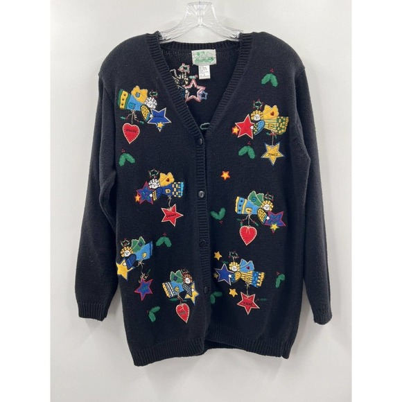 The Quaker Factory Sweaters - The Quacker Factory Women’s Long Sleeve Cotton/Ramie Black Appliquéd Cardigan S